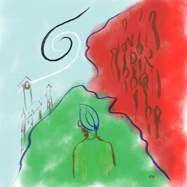 Abstract depiction of a figure surrounded by swirling lines and contrasting red and green backgrounds.